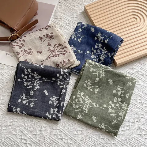 Vintage Floral Cotton Linen Square Scarf For Women Korean Style Small Decorative Neck Scarf Lightweight Hair Tie Head Scarf