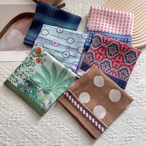 Women Fashion Lightweight Cotton Satin Look Square Scarf Floral Plaid Polka Dot Hand Rolled Edge Headscarf Neck Scarf For Travel