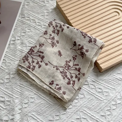 Vintage Floral Cotton Linen Square Scarf For Women Korean Style Small Decorative Neck Scarf Lightweight Hair Tie Head Scarf