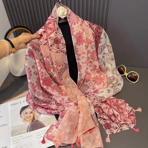 Women Vintage Paisley Print Scarf With Tassels Bohemian Sun Protection Shawl Polyester Wrap For Beach Travel