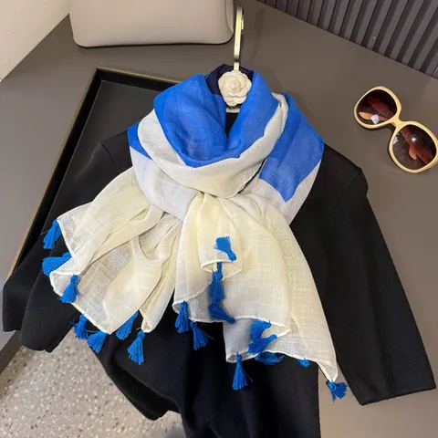 Ethnic Print Tassel Scarf For Women Lightweight Blue And White Color Block Sun Protection Beach Shawl Vintage Travel Wrap