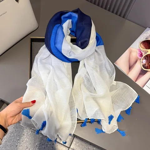 Ethnic Print Tassel Scarf For Women Lightweight Blue And White Color Block Sun Protection Beach Shawl Vintage Travel Wrap