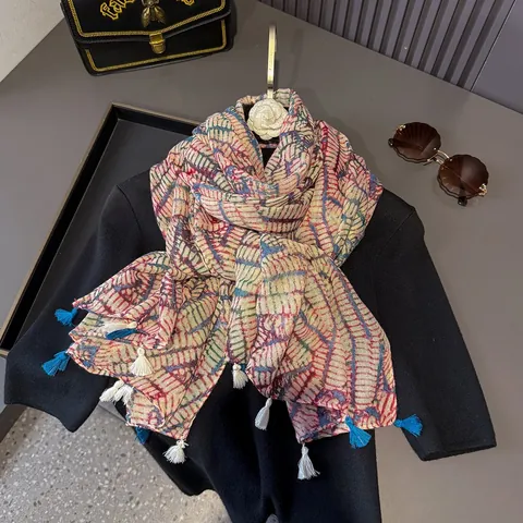 Bufanda Étnica para Mujer Algodón Lino Vintage Estampado Geométrico Abstracto Chal de Voile Con Borlas Bufanda Bohemia Ligera