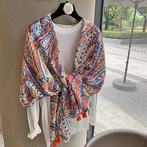 Écharpe Châle Imprimé Paisley Ethnique Pour Femmes Vintage Gland Voyage Protection Solaire Satin De Polyester