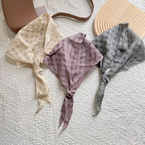 Vintage Japanese Tie Dye Plaid Triangle Scarf Women Summer Breathable Thin Neckerchief Versatile Decoration Small Neck Scarf