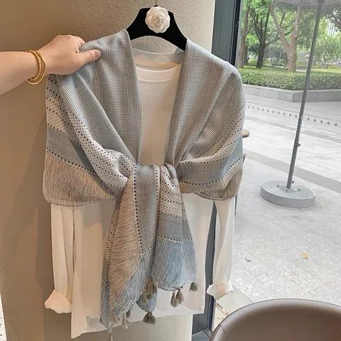 Vintage Plaid Long Scarf With Tassels Lightweight Grey Blue Geometric Polka Dot Printed Sunshade Shawl Wrap For Women