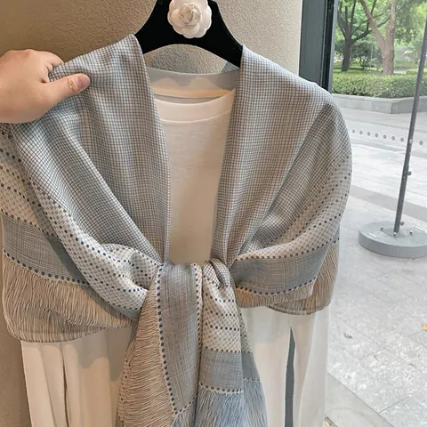 Vintage Plaid Long Scarf With Tassels Lightweight Grey Blue Geometric Polka Dot Printed Sunshade Shawl Wrap For Women
