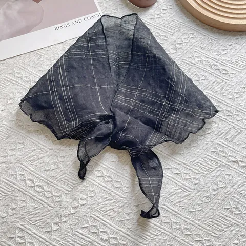 Women Vintage Linen Feel Plaid Triangular Scarf Elegant Wavy Edge Lightweight Neck Scarf Hair Band French Style Scarf Accessory
