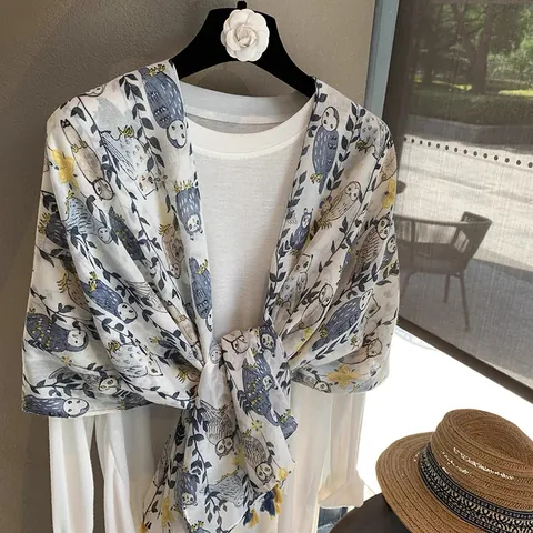 Women Lightweight Scarf Owl Print Sun Protection Shawl With Tassel Fringe Polyester Wool Blend Large Wrap For Summer Beach