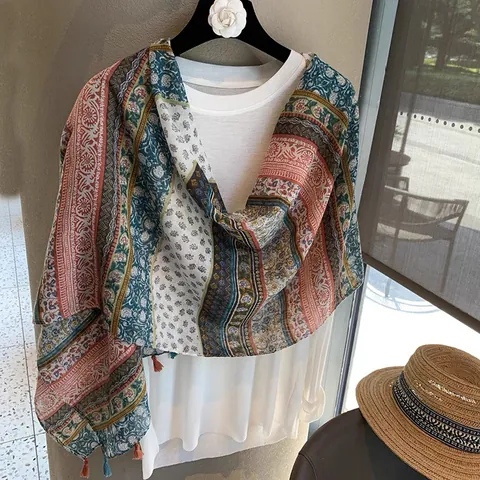 Bufanda Bohemia Estampado Floral con Borlas para Mujer Chal Ligero Protección Solar Estilo Étnico Foulard Grande de Playa