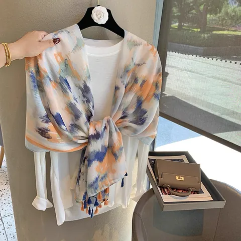Bufanda Retro para Mujer con Estampado de Tinta Abstracta Chal Artístico Ligero con Borlas Vacaciones Protección Solar Larga