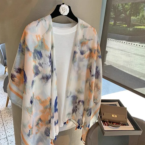 Bufanda Retro para Mujer con Estampado de Tinta Abstracta Chal Artístico Ligero con Borlas Vacaciones Protección Solar Larga