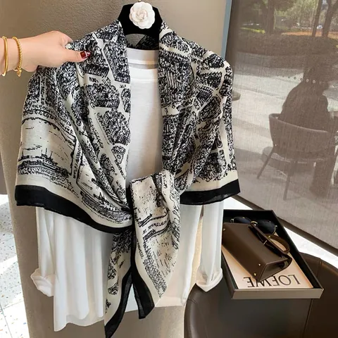 Paris City Map Print Square Scarf For Women Black White Architecture Pattern Sunscreen Shawl Large Cotton Linen Wrap