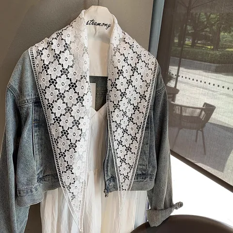 Women Hollow Out Floral Lace Shawl Cotton Crochet Triangle Scarf Lightweight Decorative Shoulder Wrap Summer Beach Accessories