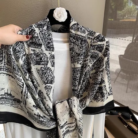 Paris City Map Print Square Scarf For Women Black White Architecture Pattern Sunscreen Shawl Large Cotton Linen Wrap