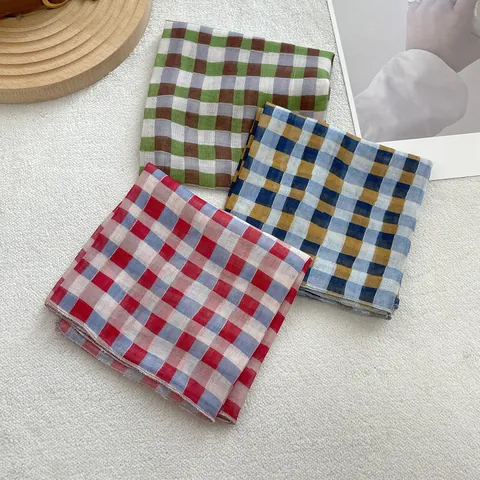 Pañuelo Cuadrado de Algodón a Cuadros Vintage para Mujer Estilo Pastoral Fresco Pañuelo para Cabeza y Cuello Bandana