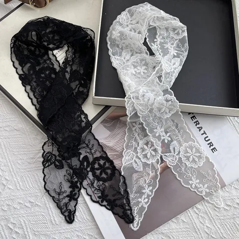 French Rococo Style Lace Floral Embroidery Narrow Long Scarf For Women Vintage Elegant Hair Tie Decorative Thin Silk Scarf