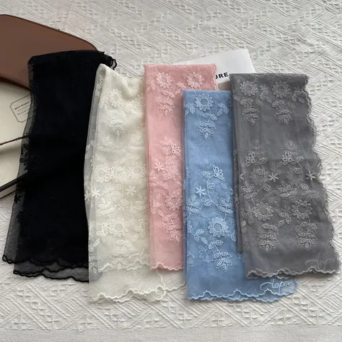 French Style Lace Sunflower Embroidery Scarf For Women Korean Elegant Floral Mesh Neck Scarf Headband Scalloped Edge