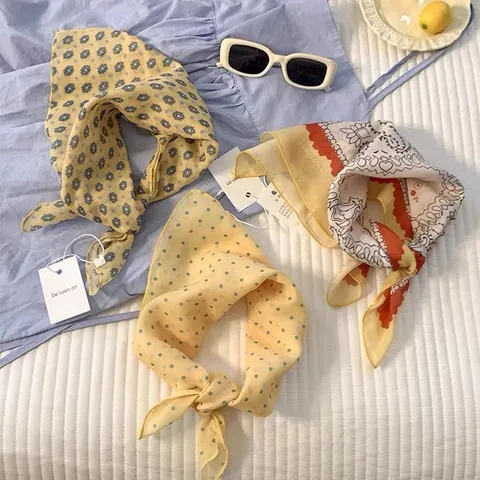 Women Vintage Cotton Square Scarf Fashion Floral Polka Dot Headscarf Sun Protection Neck Scarf Bandana Hair Tie Accessory