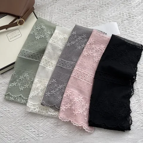 Women Korean Sweet Lace Hollow Floral Embroidery Scarf Scalloped Edge Mesh Neckerchief Shawl For Date Tea Party Elegant