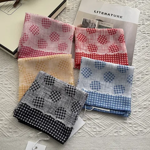 Women Cotton Plaid Polka Dot Square Scarf Soft 80s Yarn Printed Neck Scarf Decorative Headband Versatile Handkerchief Gift