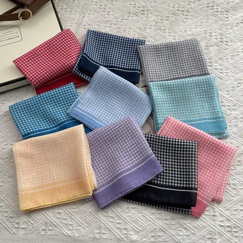 Women Vintage Gingham Checkered Cotton Square Scarf Breathable Sun Protection Small Neck Scarf Headscarf Fashion Accessory