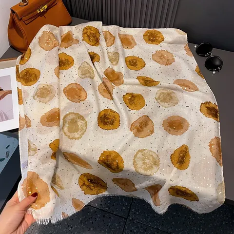 Women's Cotton Blend Scarf With Gold Foil Polka Dot Print Lightweight Sun Protection Shawl Fringe Elegant Commuting Wrap