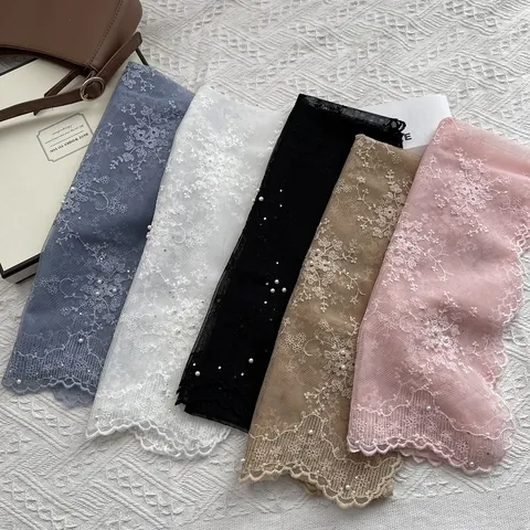 French Elegant Women Lace Scarf Flower Embroidery Faux Artificial Pearl Embellished Mesh Scarf Thin Breathable Shawl Wrap Party Accessory
