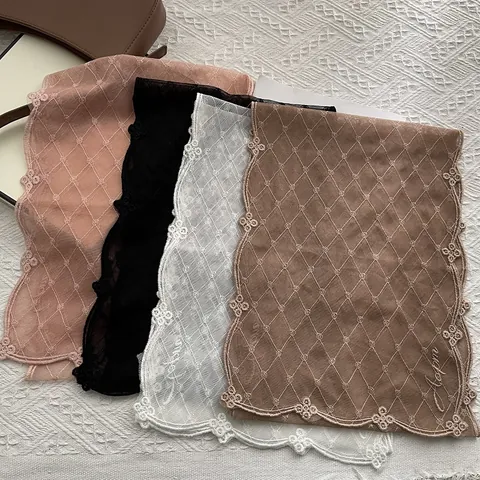Vintage Palace Style Embroidered Floral Lace Scarf For Women Mesh Diamond Lattice Long Scarf Seaside Vacation Shawl Turban