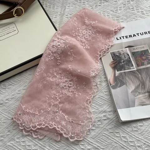 French Elegant Women Lace Scarf Flower Embroidery Faux Artificial Pearl Embellished Mesh Scarf Thin Breathable Shawl Wrap Party Accessory