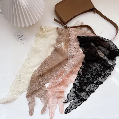 Women Mori Style Lace Embroidery Scarf Vintage Floral Hollow Mesh Headscarf Scalloped Edge Decorative Neck Wrap Fashion Accessories