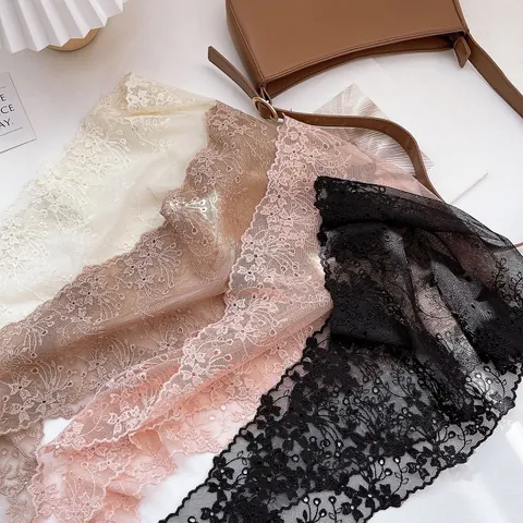 Women Mori Style Lace Embroidery Scarf Vintage Floral Hollow Mesh Headscarf Scalloped Edge Decorative Neck Wrap Fashion Accessories