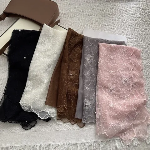 French Vintage Camellia Floral Embroidery Lace Mesh Scarf With Faux Artificial Pearls Elegant Women Decorative Hair Tie Waist Seal