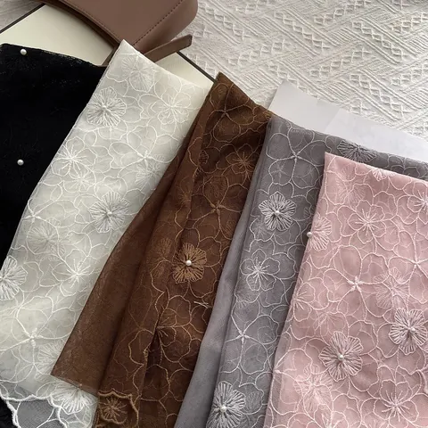 French Vintage Camellia Floral Embroidery Lace Mesh Scarf With Faux Artificial Pearls Elegant Women Decorative Hair Tie Waist Seal