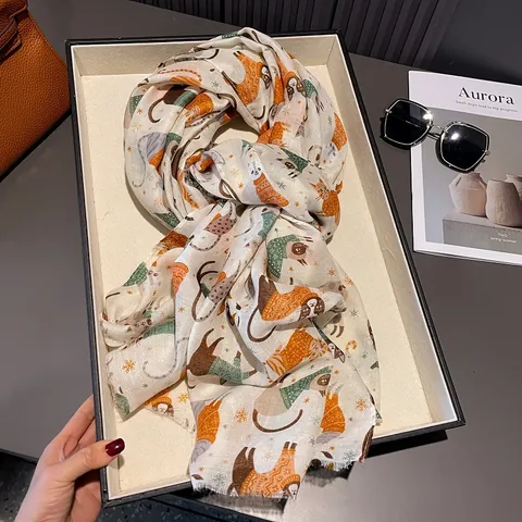 Bufanda de Satén Con Diseño de Gato Animado para Mujer Mantón Largo Ligero Con Borde Sin Rematar Estampado de Animales