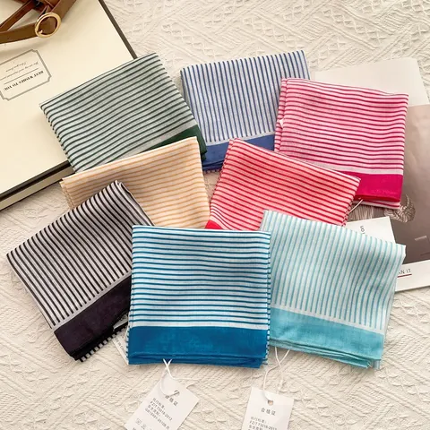 Vintage Striped Pure Cotton Square Scarf For Women Retro Neck Scarf Fashion Headband Bag Accessory Korean Style Necktie