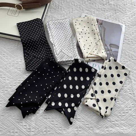 French Retro Polka Dot Long Scarf Thin Neck Tie Hair Band For Women Elegant Satin Texture Silk Scarf Elegant Decorative Neck Wrap