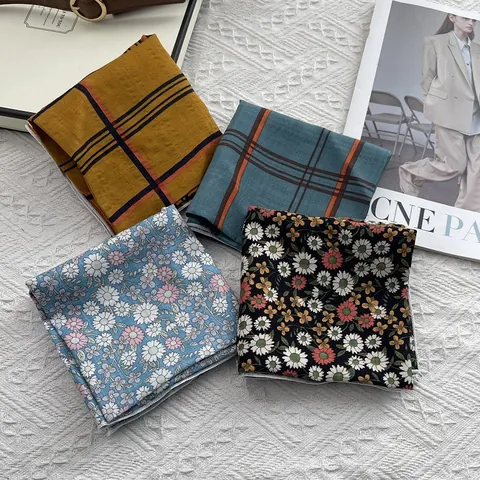 Women's Cotton Square Scarf Korean Plaid Floral Print Neck Scarf Breathable Decorative Head Wrap Bandana For Daily Accessory