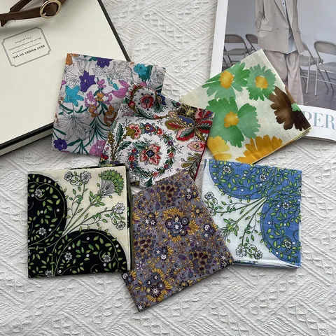 Women's Vintage Floral Print Cotton Linen Square Scarf Fresh Japanese Style Small Neck Scarf Breathable Flower Handkerchief Hair Accessory