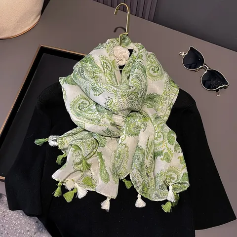 Vintage Paisley Floral Print Scarf For Women Soft Cotton Linen Feel Shawl With Tassels Fringe Wrap For Fall Winter Spring