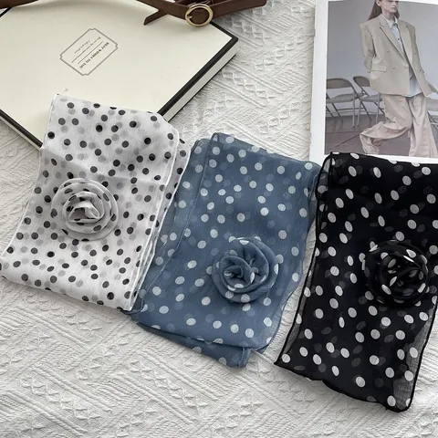 Women Vintage Chiffon Narrow Long Scarf With 3D Fabric Flower Paisley Polka Dot Floral Plaid Printed Neck Tie Elegant Scarf