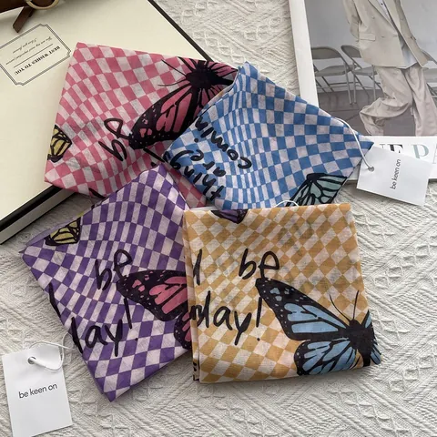 Korean Style Checkered Butterfly Square Scarf For Women Soft Cotton Printed Neck Scarf Hair Tie Fashion Accessories