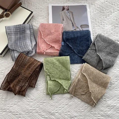 Minimalist 100% Linen Narrow Scarf For Women Vintage Solid Color Skinny Scarf Hair Tie Headband Neck Tie Accessory
