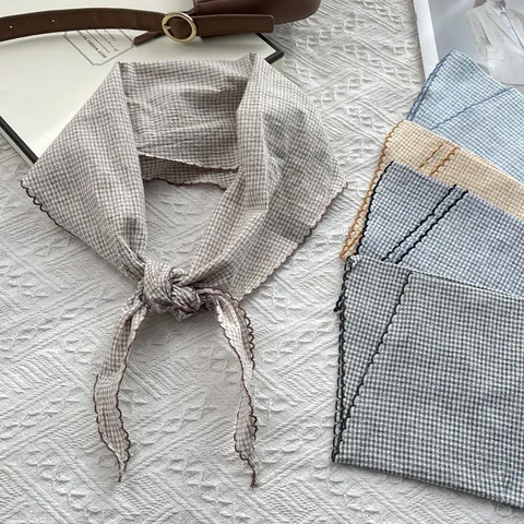 Pañuelo de Triángulo de Algodón a Cuadros Vintage para Mujer Con Bordes Festoneados Bandana Transpirable Protección Solar Diario