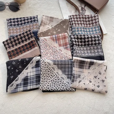 Vintage Maillard Katoenen Vierkante Sjaal Voor Vrouwen Retro Raster Bloemen Neckerchief Mode Haarelastiek Bandana Hoofddoek Accessoire