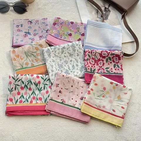 Women Vintage Cotton Floral Square Scarf Lightweight Breathable Pastoral Tulip Print Headscarf Sun Protection Neck Wrap