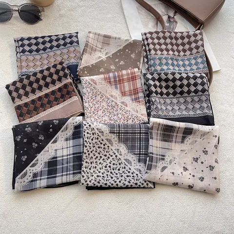 Vintage Maillard Katoenen Vierkante Sjaal Voor Vrouwen Retro Raster Bloemen Neckerchief Mode Haarelastiek Bandana Hoofddoek Accessoire