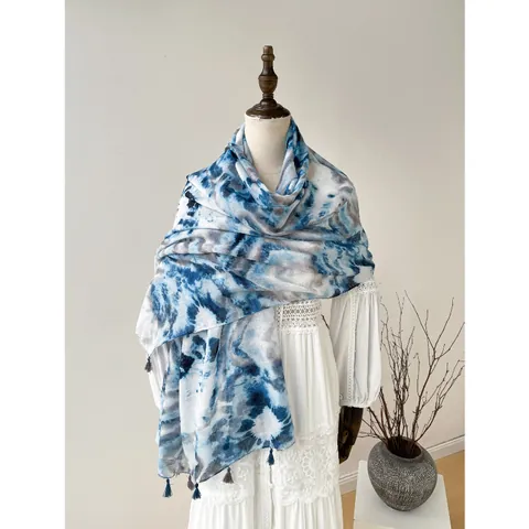 Sciarpa Lunga Artistica Effetto Cotone Lino per Donna Motivo Floreale Tie-dye Scialle Morbido Traspirante Con Nappine