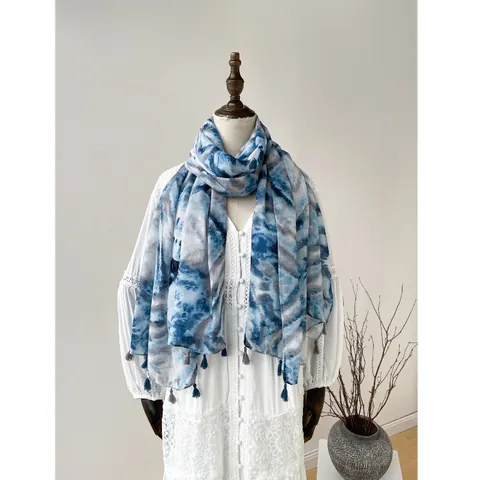 Sciarpa Lunga Artistica Effetto Cotone Lino per Donna Motivo Floreale Tie-dye Scialle Morbido Traspirante Con Nappine