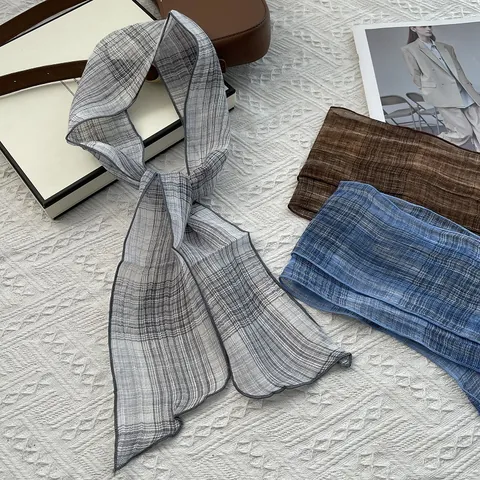 Women 100% Silk Plaid Skinny Scarf Narrow Hair Band Handbag Handle Ribbon Decorative Neck Tie Scarf Casual Elegant Accessory